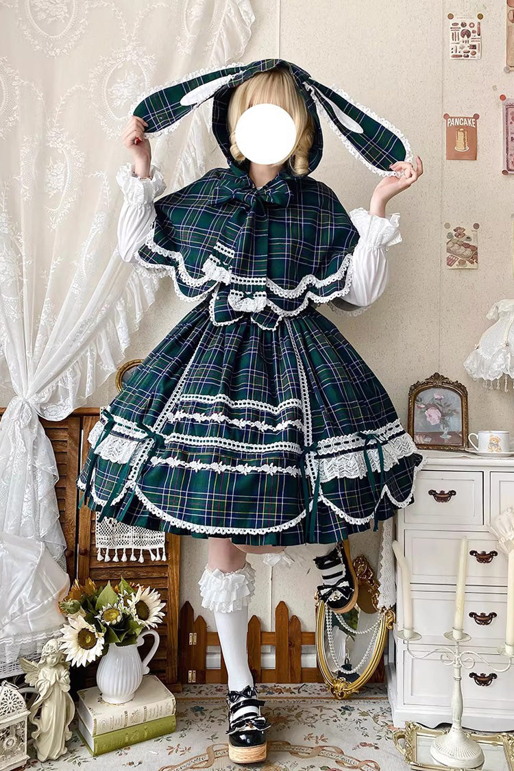 Green Gingham Petal Bunny Printed Ruffled Bow Sweet Lolita Jsk Dress