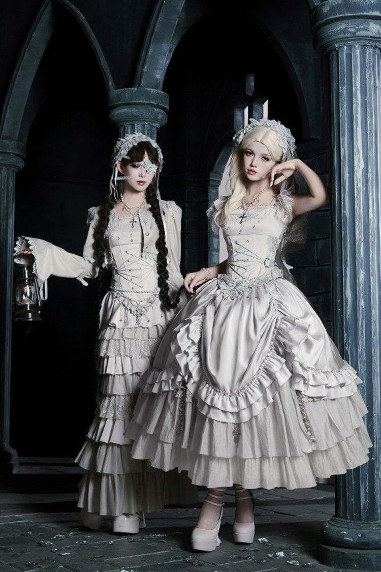 Solid Color Bionic Doll Square Collar Multi-Layered Ruffle Bowknot Lace-Up Gothic Lolita Long Skirt Corset Set