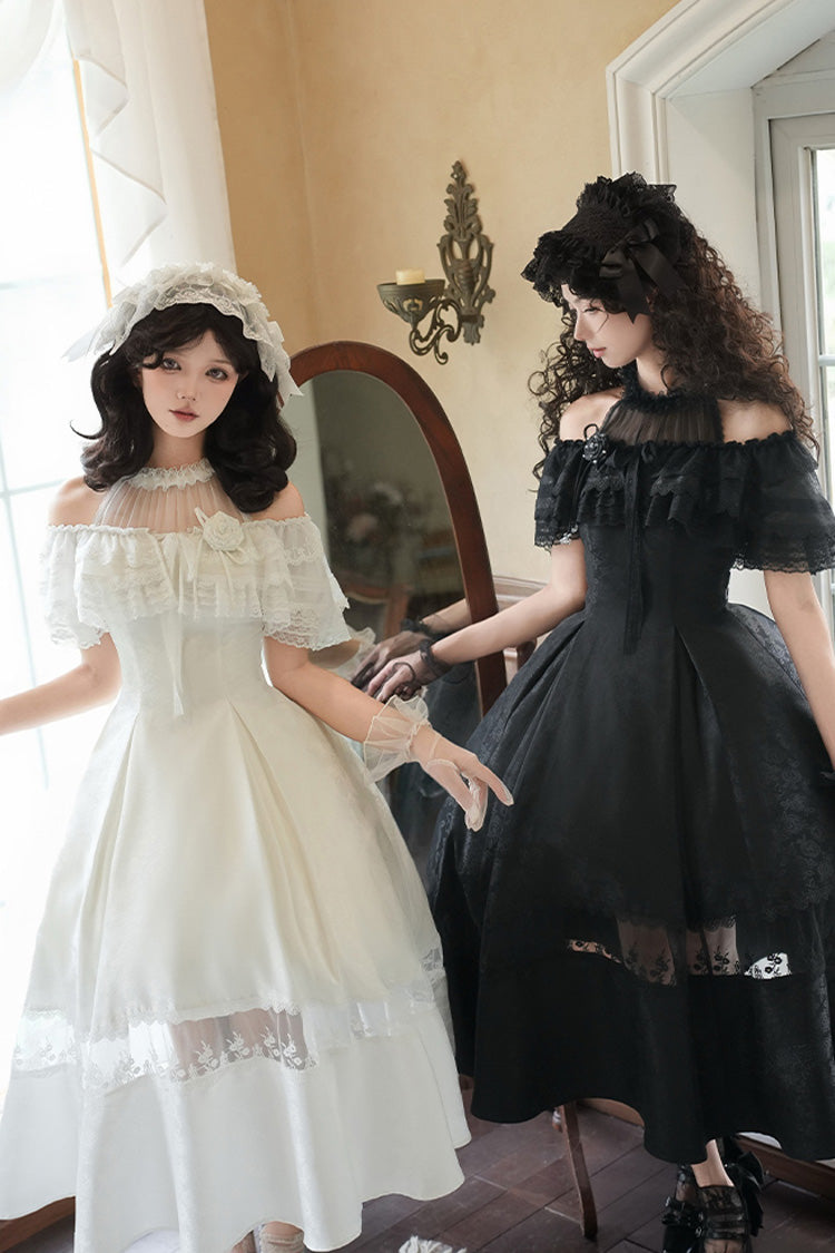Black Flowers in the Mist Off Shoulder Halterneck Print Ruffle Gothic Elegant Lolita Dress