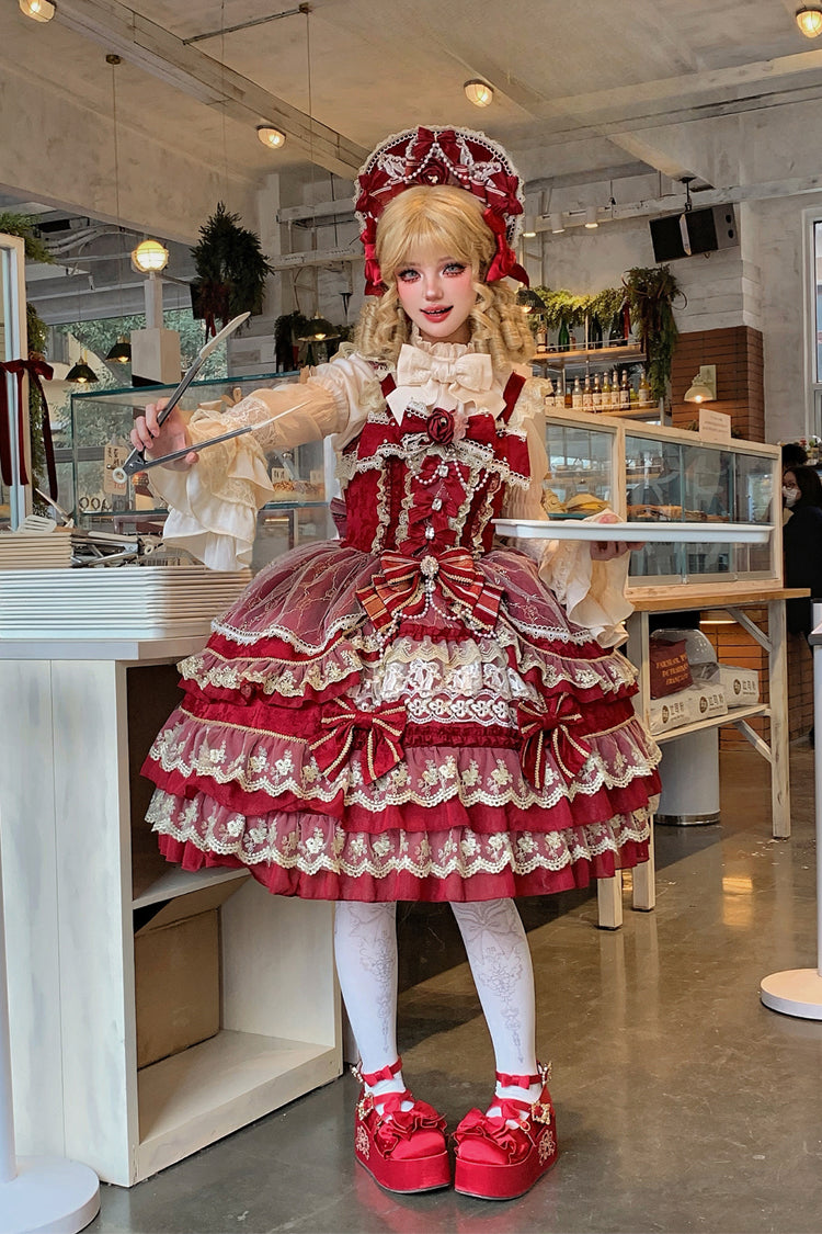 Red Crown of Gems Triple-Layered Ruffle Bowknot Lace Sweet Gorgeous Lolita Jsk Dress