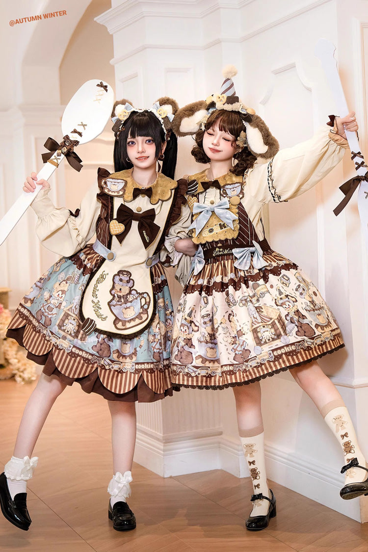 Bear Cookie Long Sleeves Print Bowknot Sweet Lolita Dress Set 2 Colors