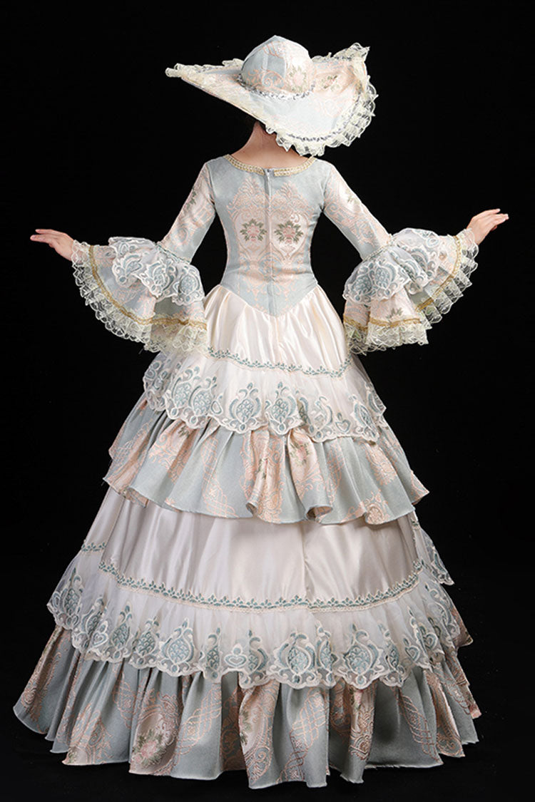 Light Blue Hime Sleeves High Waisted Round Collar Lace Stitching Hollow Embroidery Flower Print Victorian Lolita Prom Dress
