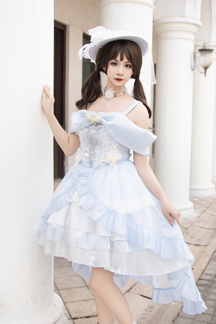 Light Blue Rose Of The Night Sea And Starry Sky Off Shoulder Multi-Layered Ruffle Embroidery Sweet Lolita Dress