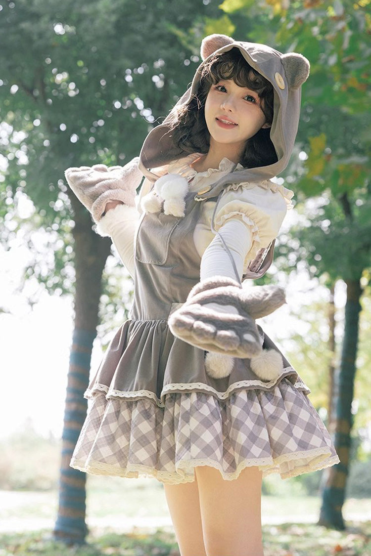Grey Cute Grizzly Bear Plaid Print Bowknot Sweet Lolita Jsk Dress
