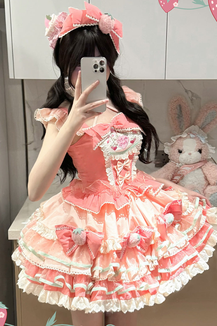 Pink Multi-Layered Cream Strawberries Print Ruffle Bowknot Sweet Lolita Tiered Dress