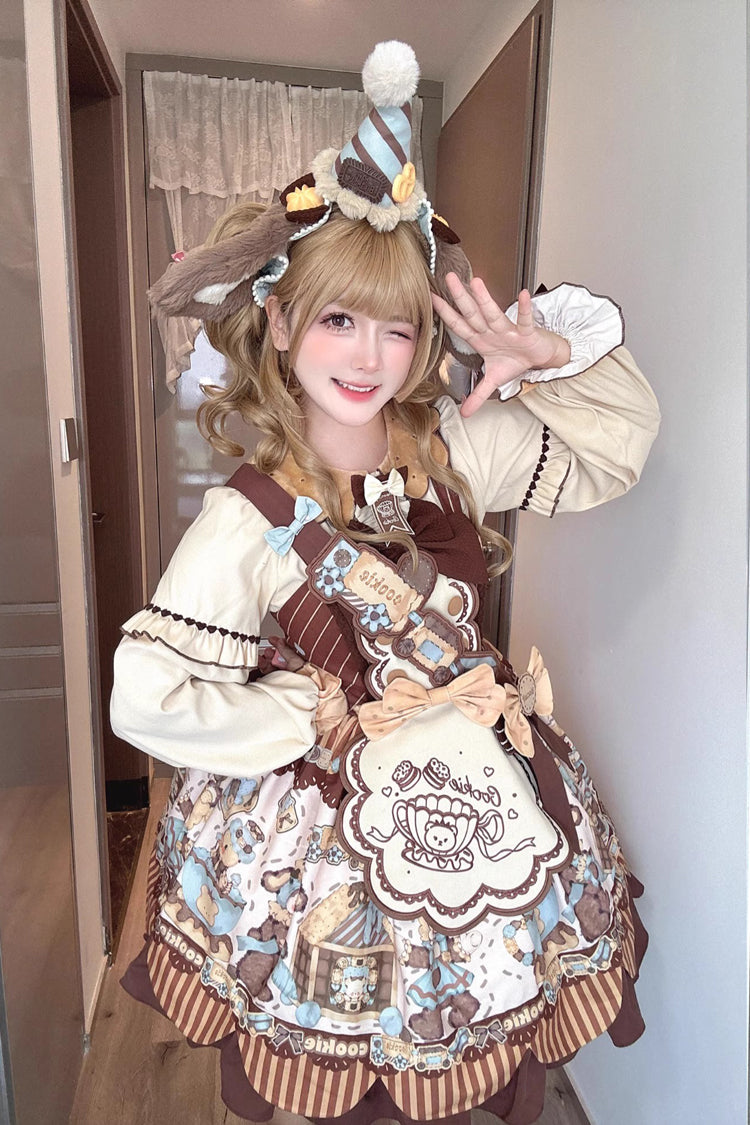 Bear Cookie Sleeveless Print Bowknot Sweet Lolita Jsk Dress Set 2 Colors