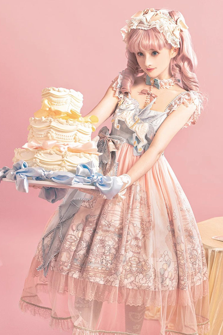 Pink Cloud Paradise Print Ruffle Embroidery Bowknot Lace Sweet Lolita Jsk Dress