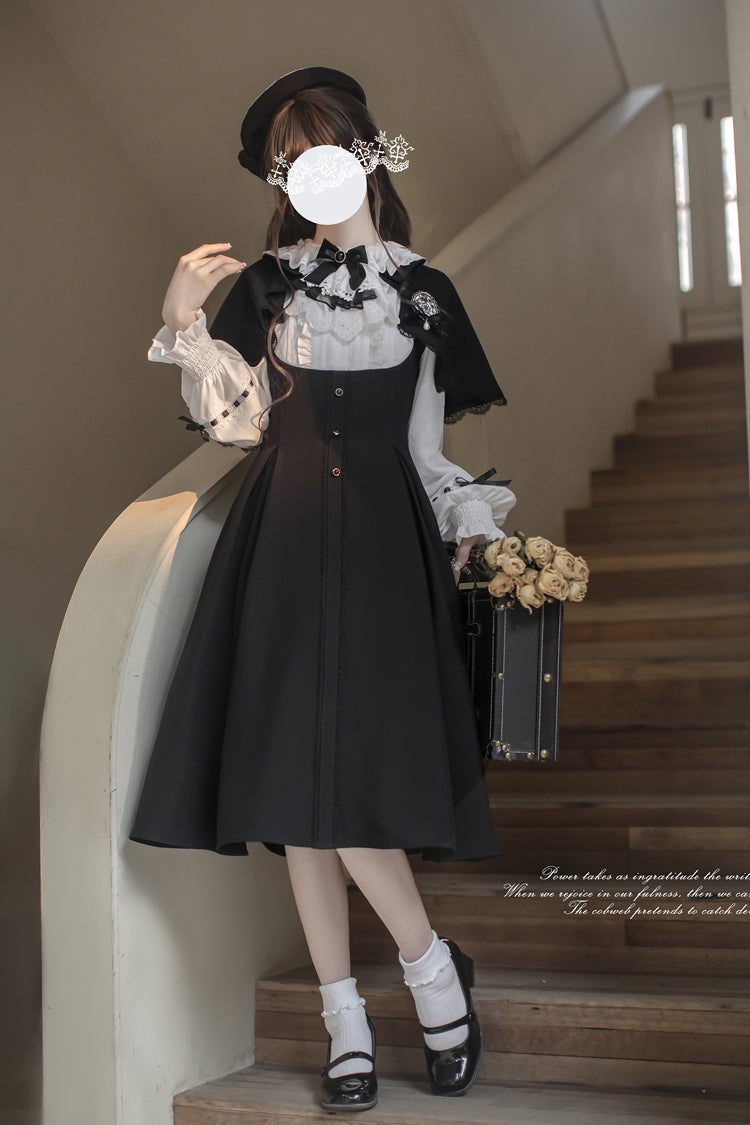 Black/White Sunset Academy Long Sleeves Ruffle Bowknot Fake Two Pieces Vintage College Style Elegant Lolita Dress