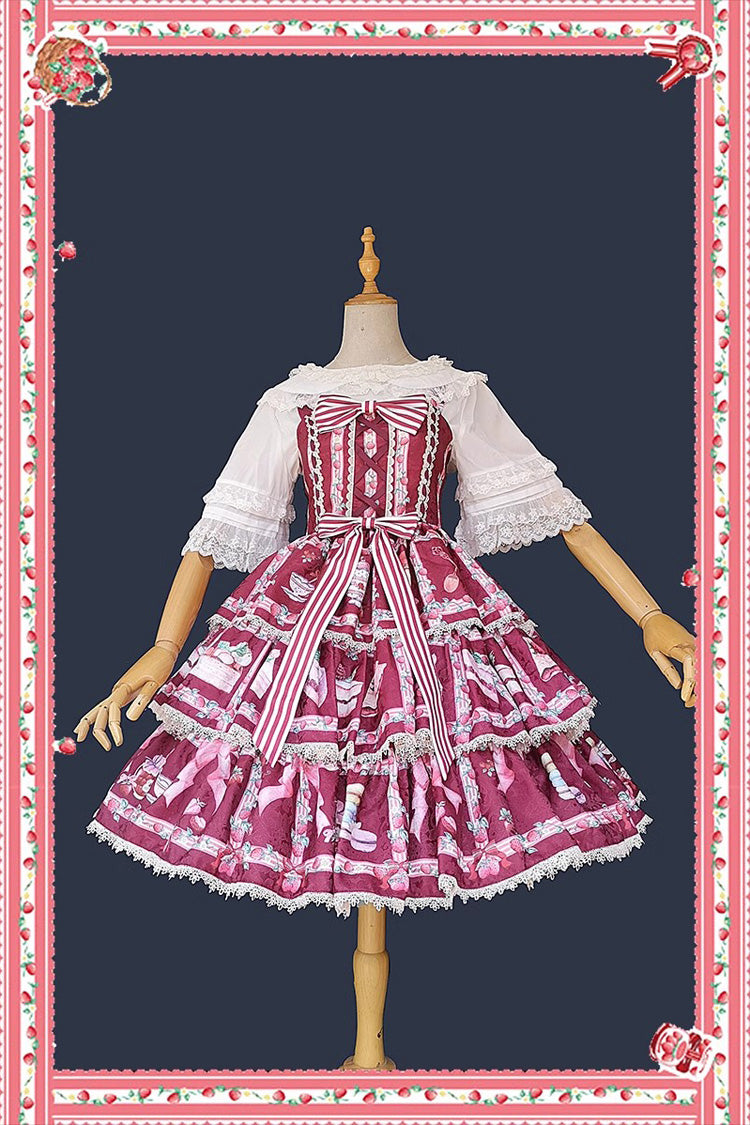 Strawberry Afternoon Tea Cake Ice Cream Print Bowknot Sleeveless Sweet Lolita Tiered Dress 3 Colors