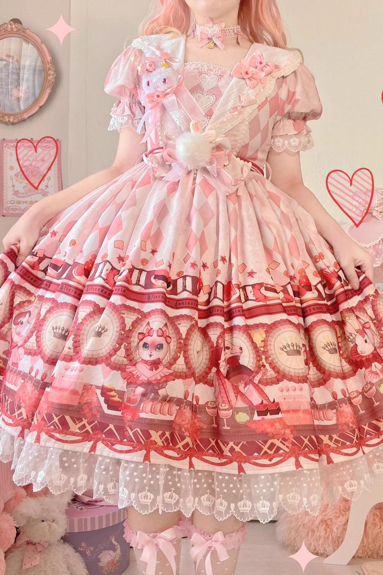 White Afternoon Fantasia Print Ruffle Bowknot Sweet Lolita Jsk Dress