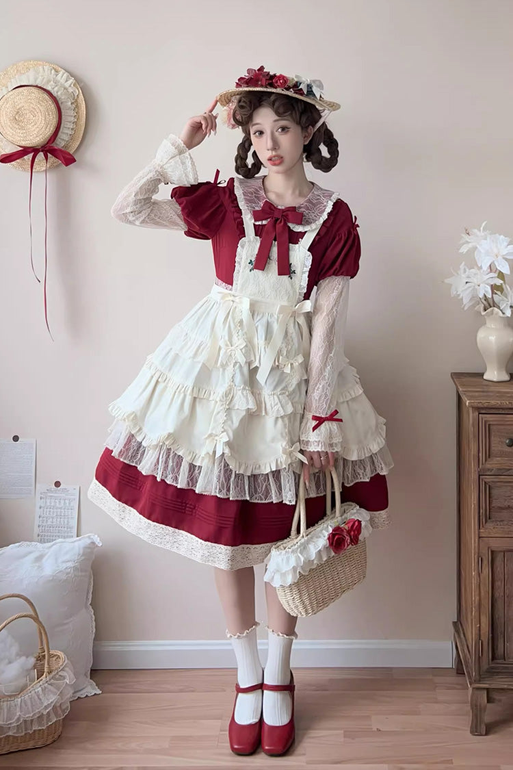 Red Mist over Flowers Along the Path Lapel Collar Long Sleeves Embroidery Bowknot Lace Sweet Lolita Dress