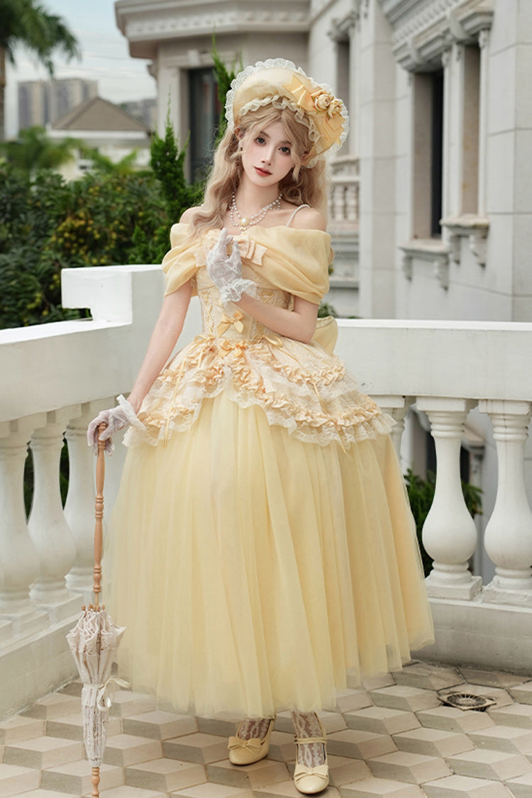Yellow Sissi's Pilgrimage Off Shoulder Ruffle Bowknot Lace Sweet Lolita Skirt (Long Version)