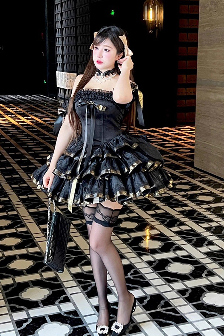 Black Princess Ribbon Off Shoulder Triple-Layered Ruffle Bowknot Sweet Lolita Dress