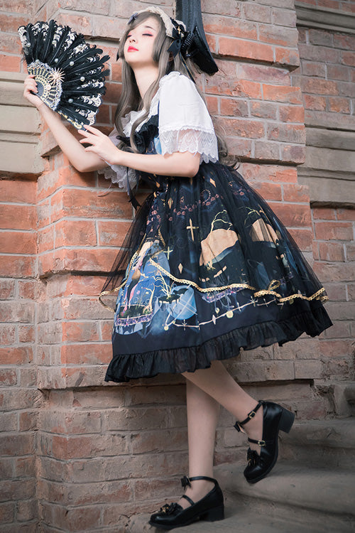 Dark Blue Vintage Mermaid Song Square Collar Bowknot Ruffled Sleeveless Gothic Lolita JSK Dress