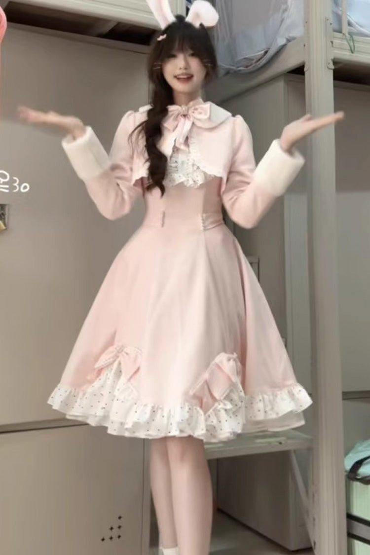 Pink Long Sleeves Ruffle Bowknot Sweet Princess Lolita Dress Coat Two-piece Set