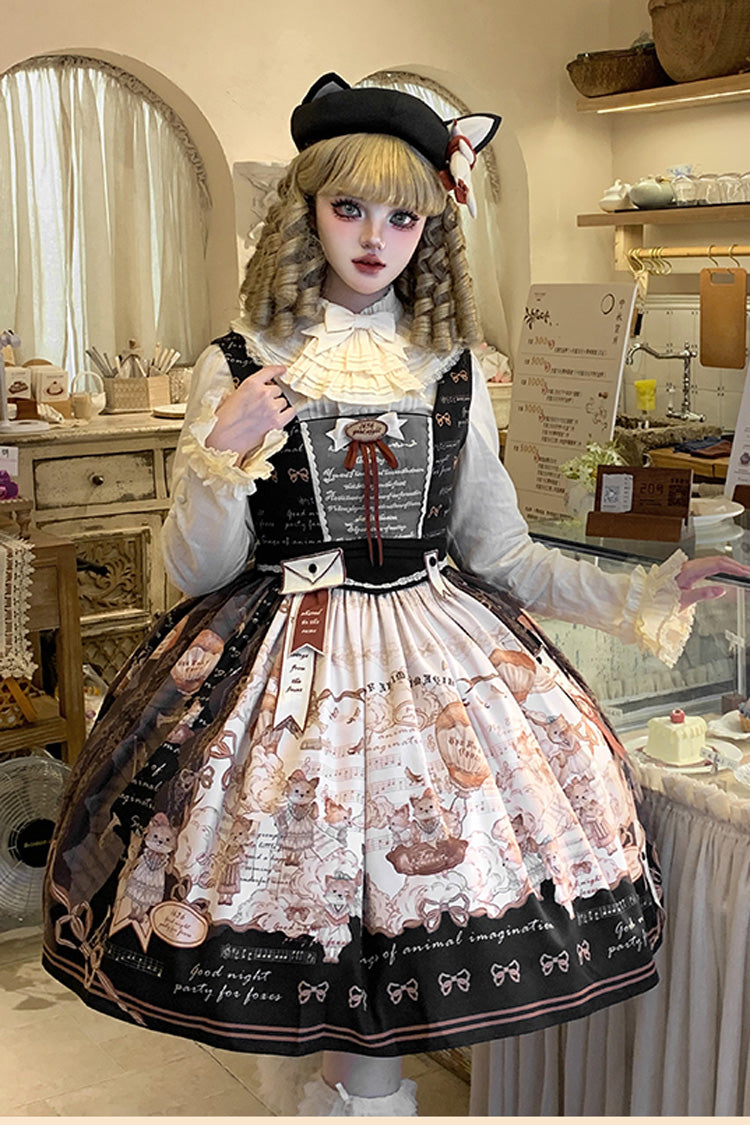Black Fox Band Print Square Collar Bowknot Classic Lolita Jumper Dress