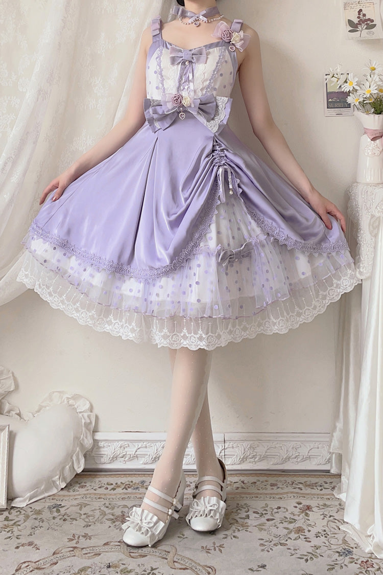 Purple Polka Waltz Sleeveless Print Bowknot Stitching Lace Sweet Lolita Jsk Dress