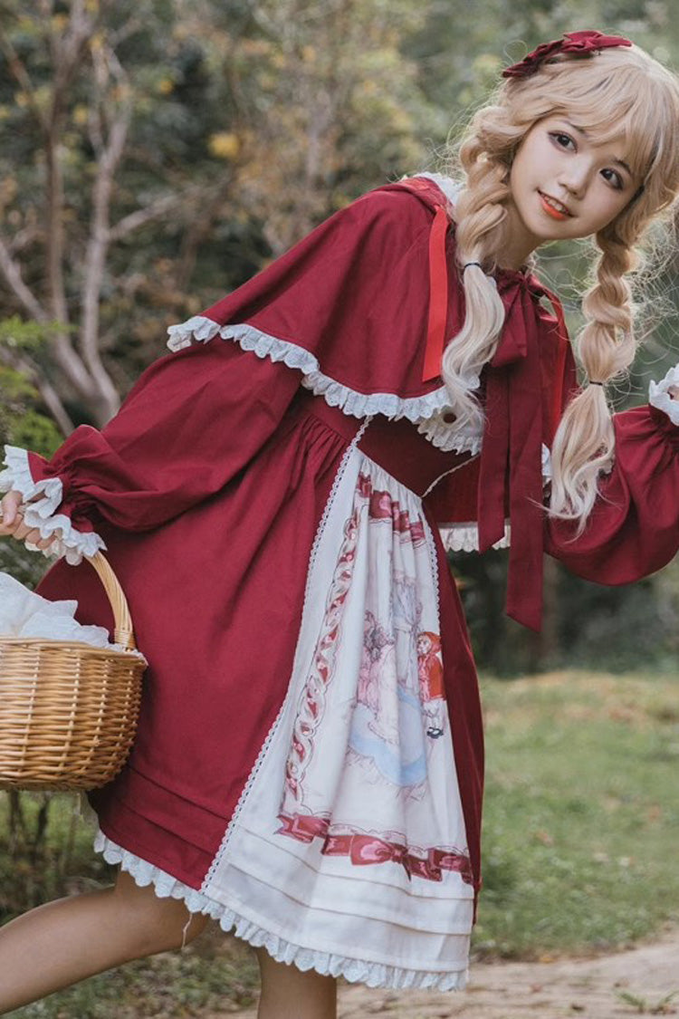 Red Little Red Riding Hood Sleeveless Print Ruffle Bowknot Sweet Princess Lolita Jsk Dress