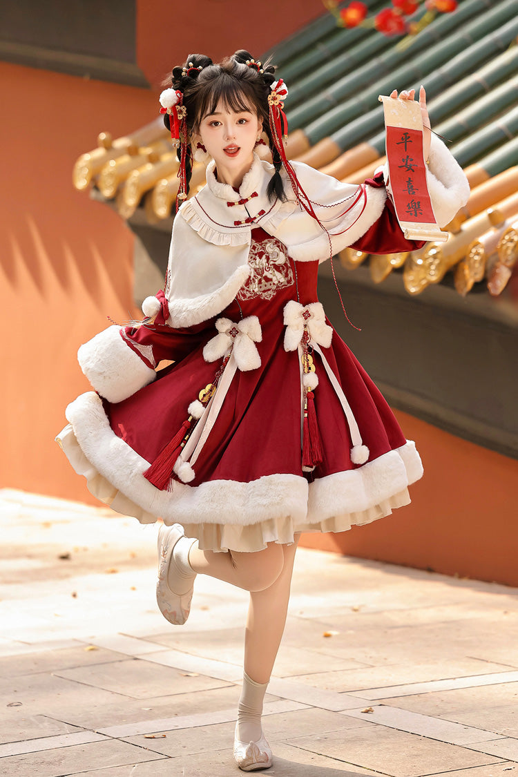 Red Long Sleeves Ruffle Embroidery Bowknot Chinese Style Sweet Lolita Hanfu Dress