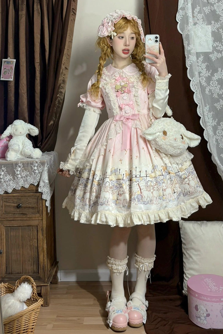 Pink Angel Lamb Lapel Collar Short Sleeves Printed Ruffled Bow Sweet Lolita Dress