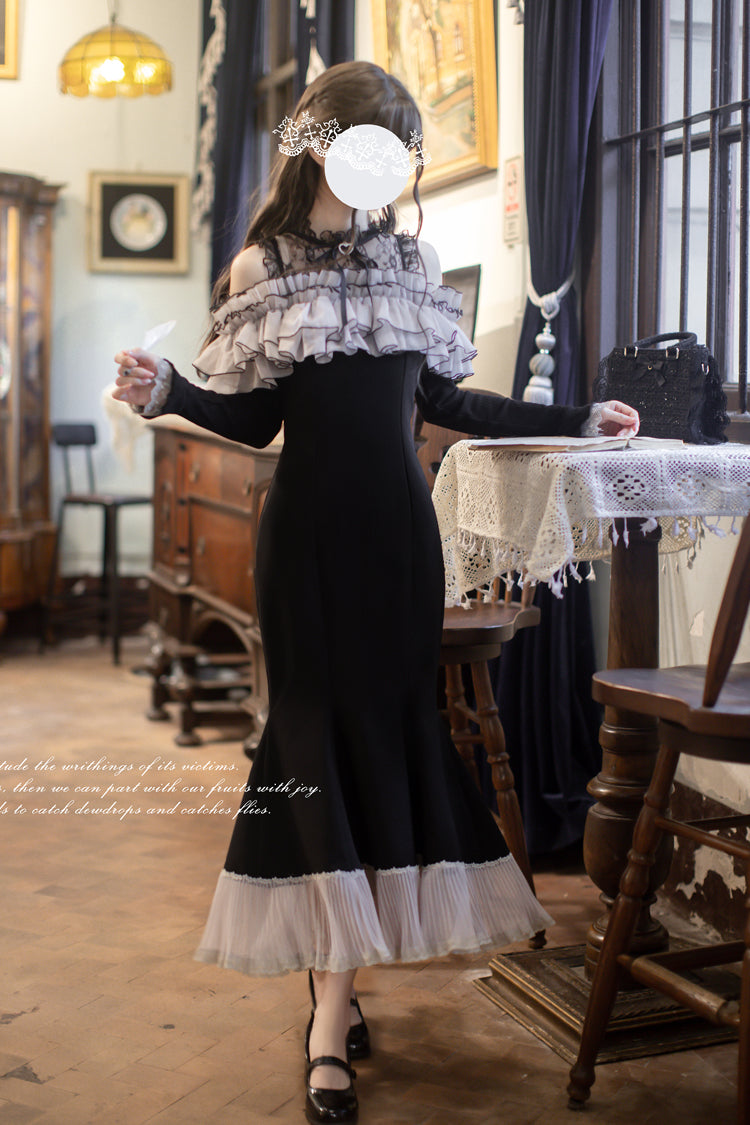Black Night Cherry Blossoms Long Sleeves Ruffle Bowknot Daily Sweet Elegant Lolita Fishtail Dress