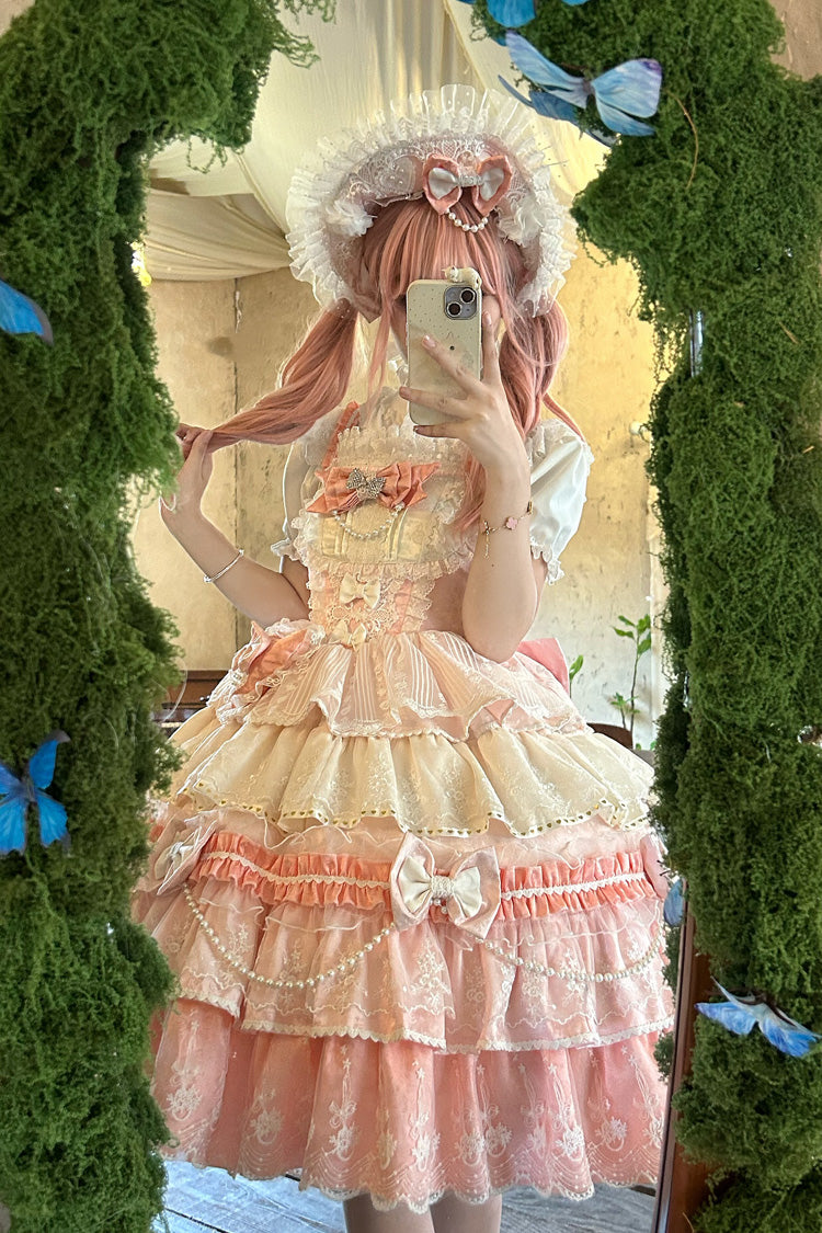 Pink Falling Sakura Multi-Layered Ruffled Hanayome Bow Lace Sweet Plus Size Princess Lolita Jsk Dress
