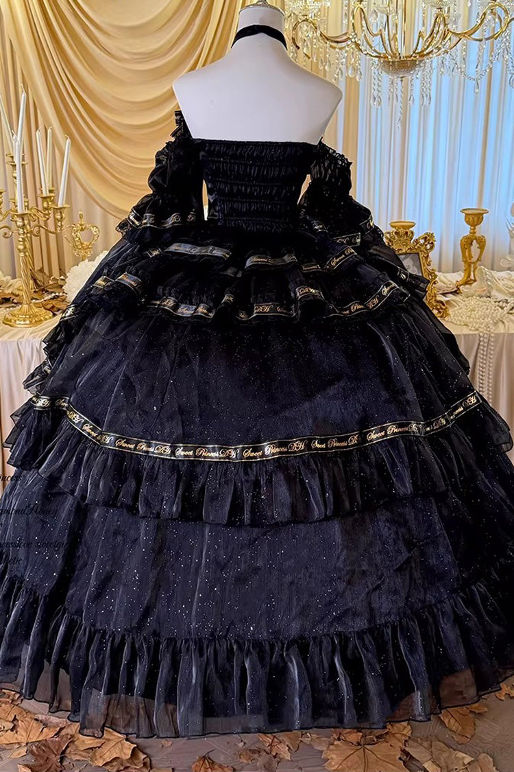 Black Obsidian Banquet Double-Layered Ruffled Hanayome Bow Lace Sweet Gothic Princess Lolita Jsk Dress