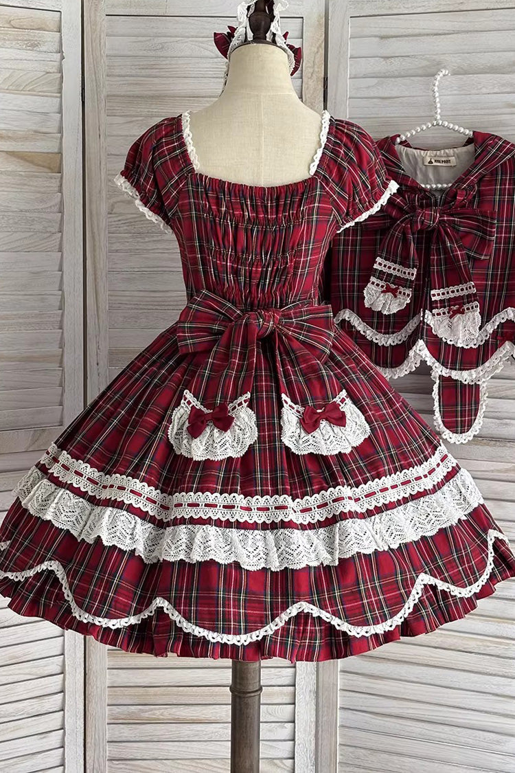 Red Gingham Petal Bunny Short Sleeves Printed Ruffled Bow Sweet Lolita OP Dress