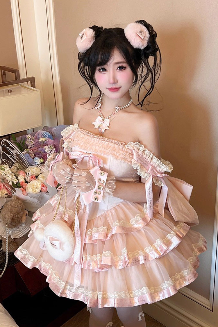 Pink Princess Ribbon Off Shoulder Triple-Layered Ruffle Bowknot Sweet Lolita Dress