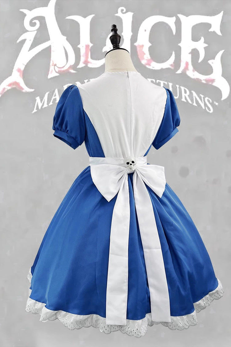 Blue/White Alice Madness Returns Short Sleeves Ruffle Sweet Plus Size Lolita Dress Full Set