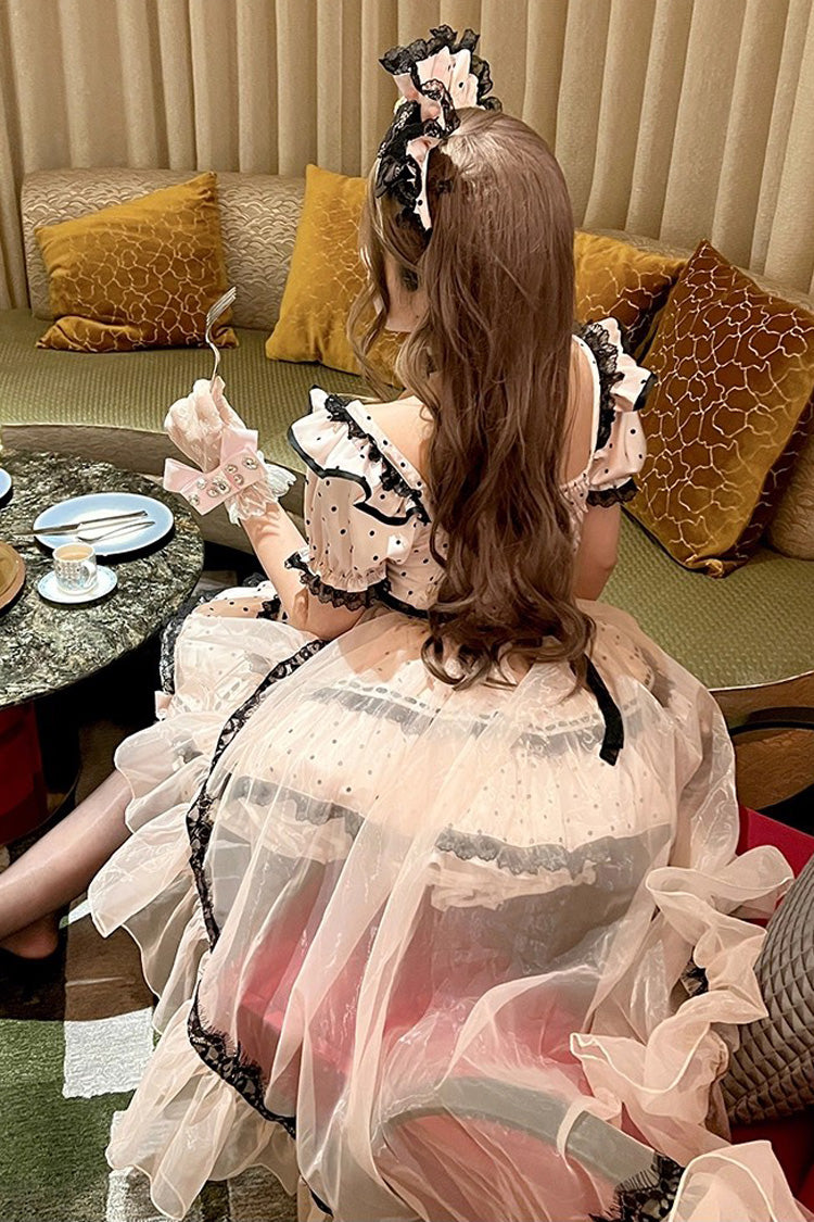 Pink Apprentice Cupid Halterneck Short Sleeves Print Ruffle Bowknot Lace Maid Sweet Lolita Dress