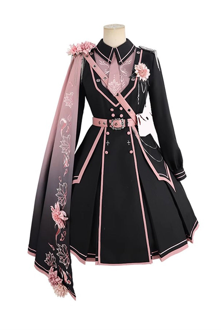 Black/Pink Long Sleeves Ruffle Gothic Military Elegant Princess Lolita Dress