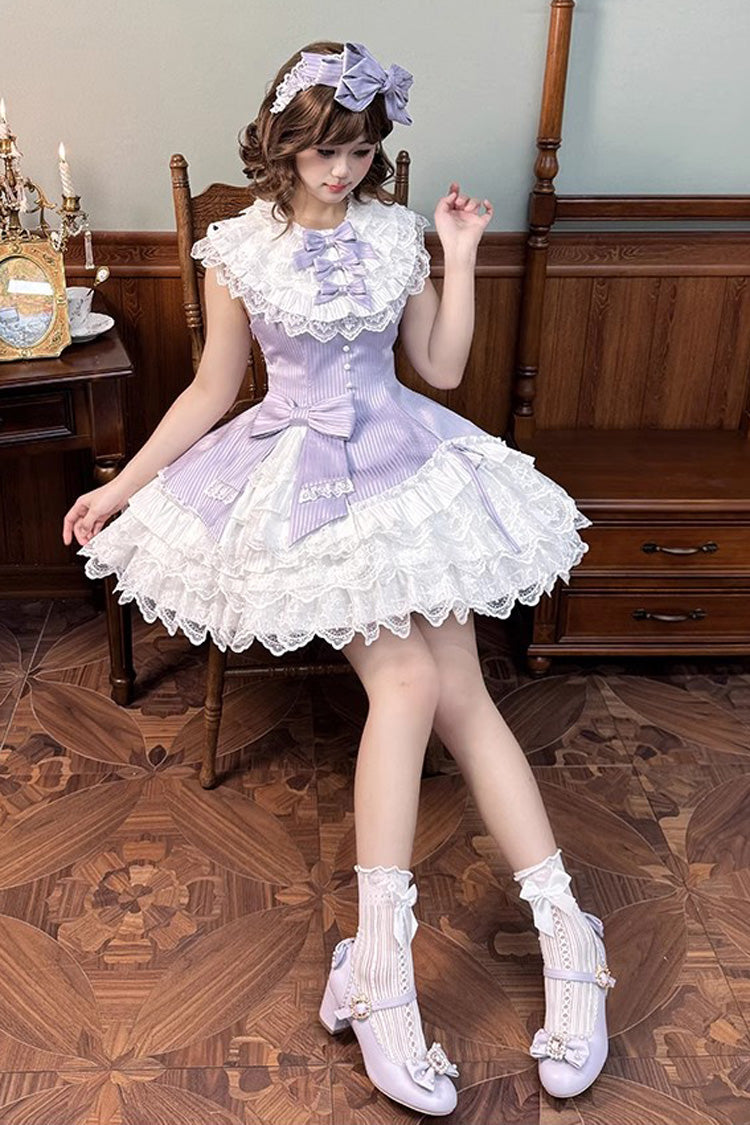 Purple Miss Tsundere Sleeveless Multi-Layered Ruffle Bowknot Lace Asymmetric Sweet Princess Lolita Dress