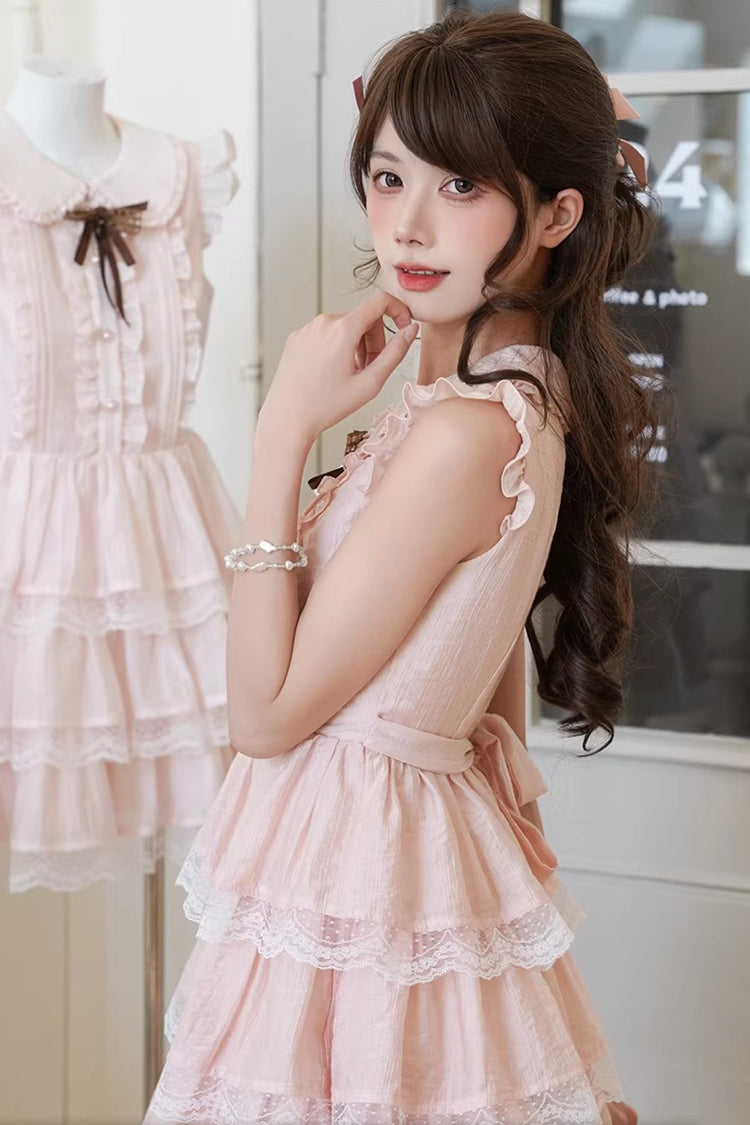 Pink Doll Collar Triple-Layered Ruffled Bow Lace Sweet Lolita Dress