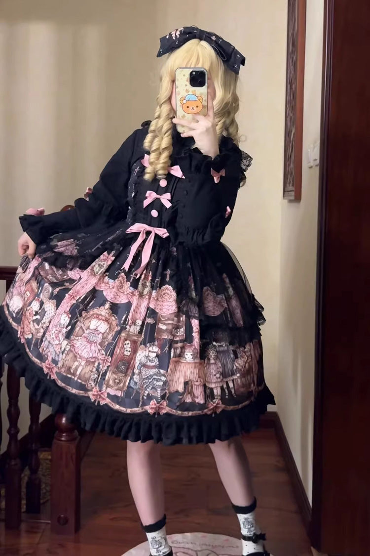 Black The Case of the Missing Lamb Print Ruffle Bowknot Lace Gothic Lolita Jsk Dress