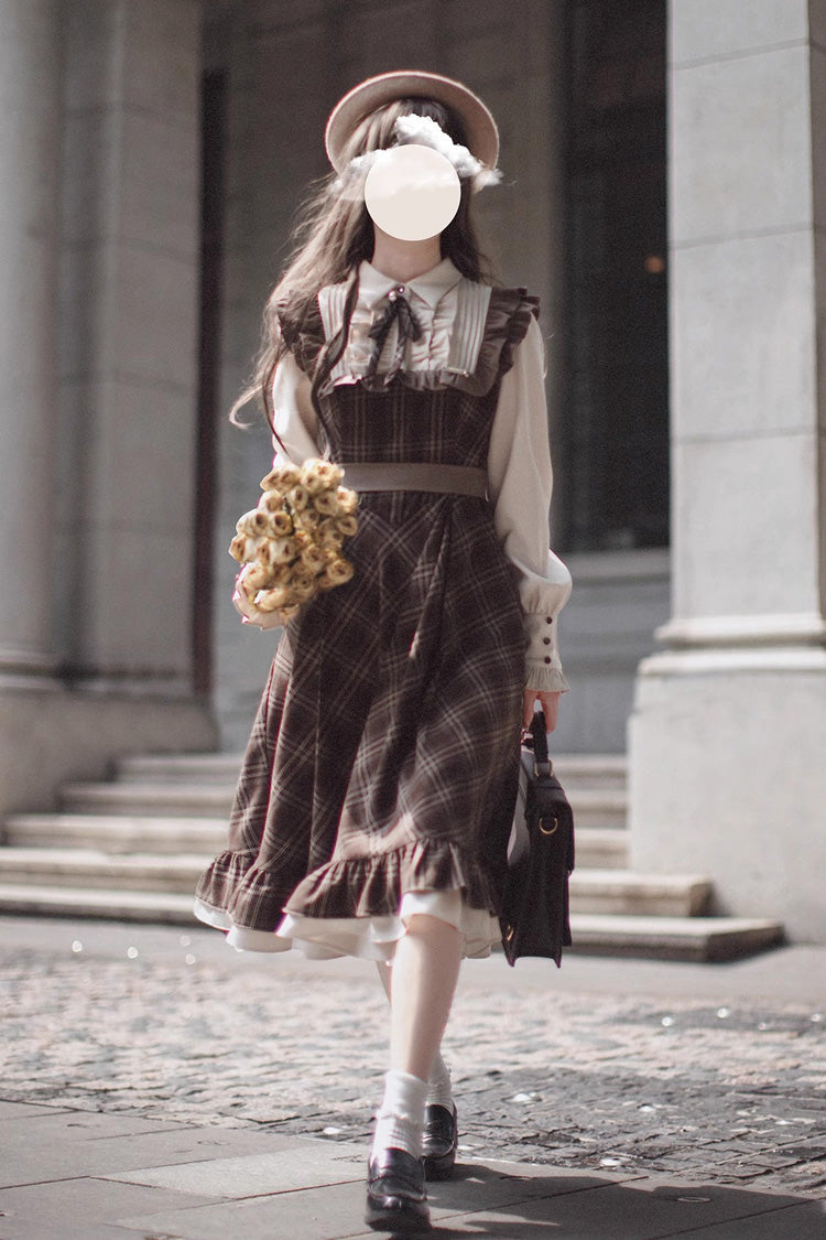Brown The Thames at Dusk Print Long Sleeves Ruffle Fake Two Pieces Vintage College Style Lolita Dress