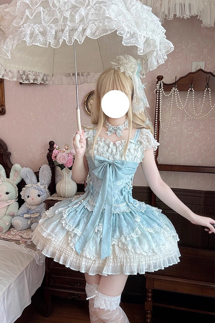 Green Floral Dream Short Sleeves Multi-Layered Ruffle Embroidery Bowknot Lace-Up Sweet Elegant Ballet Lolita Jsk Dress