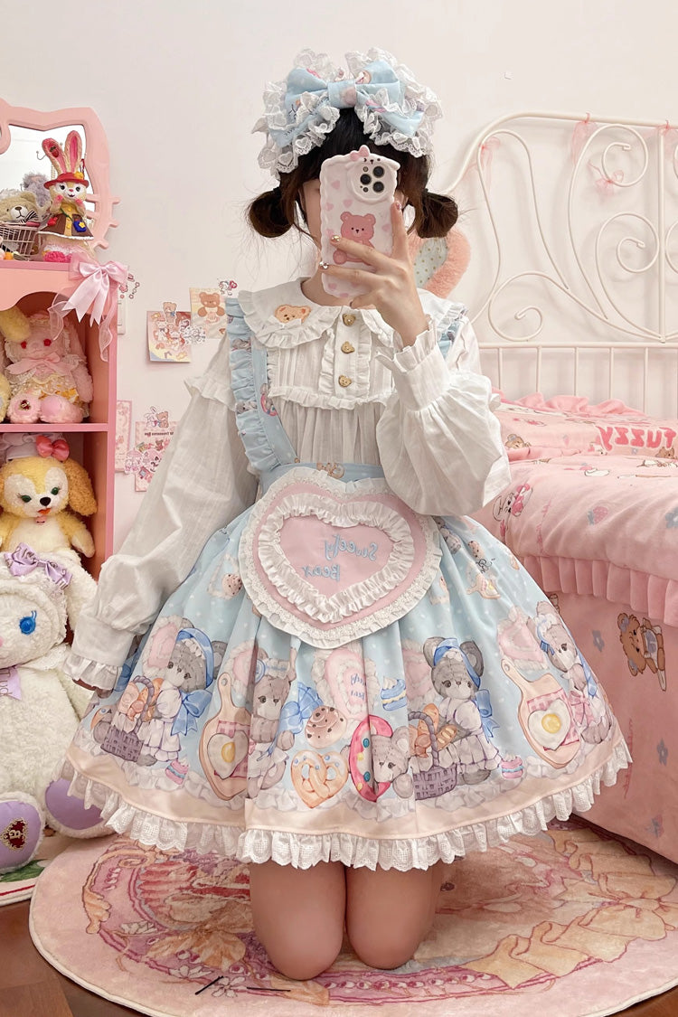 Blue Baked Bear Print Ruffle Sweet Lolita Skirt