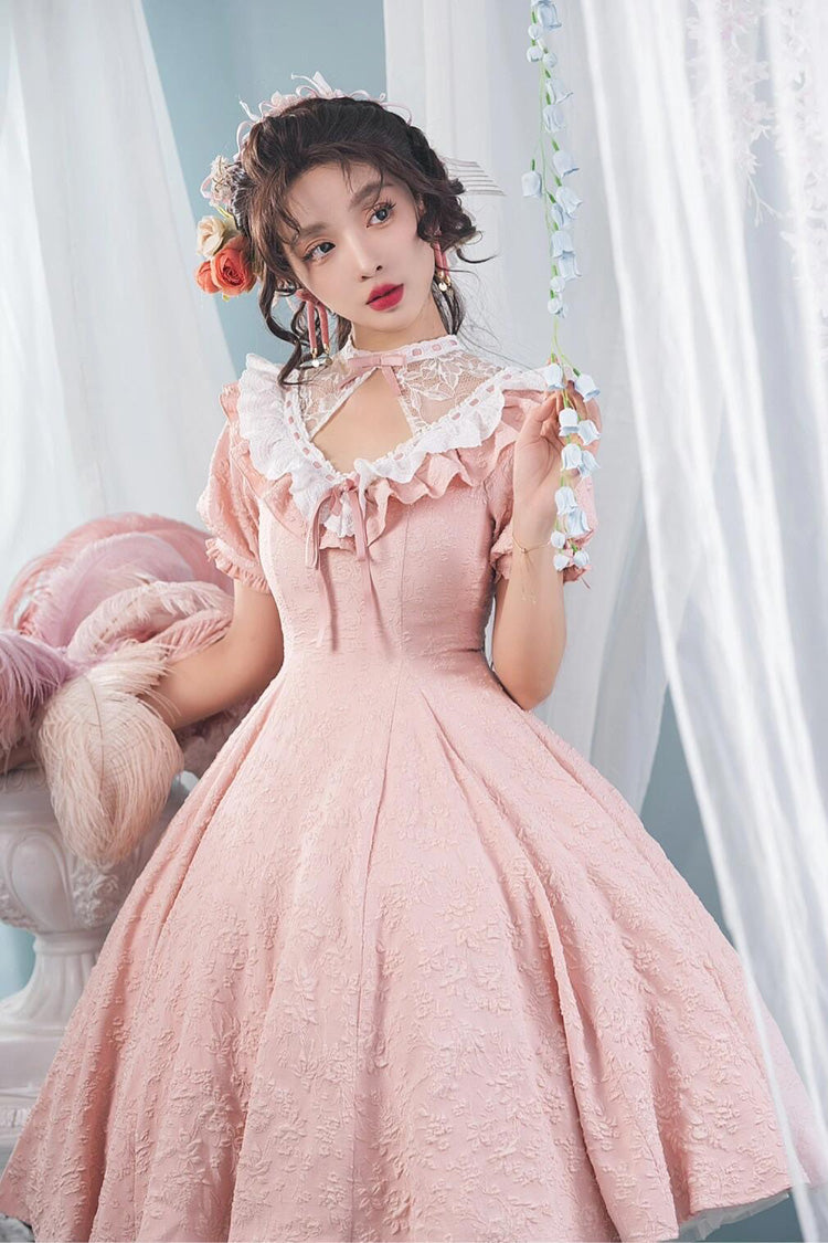 Pink Short Sleeves Ruffle Bowknot Sweet Princess Lolita Dress