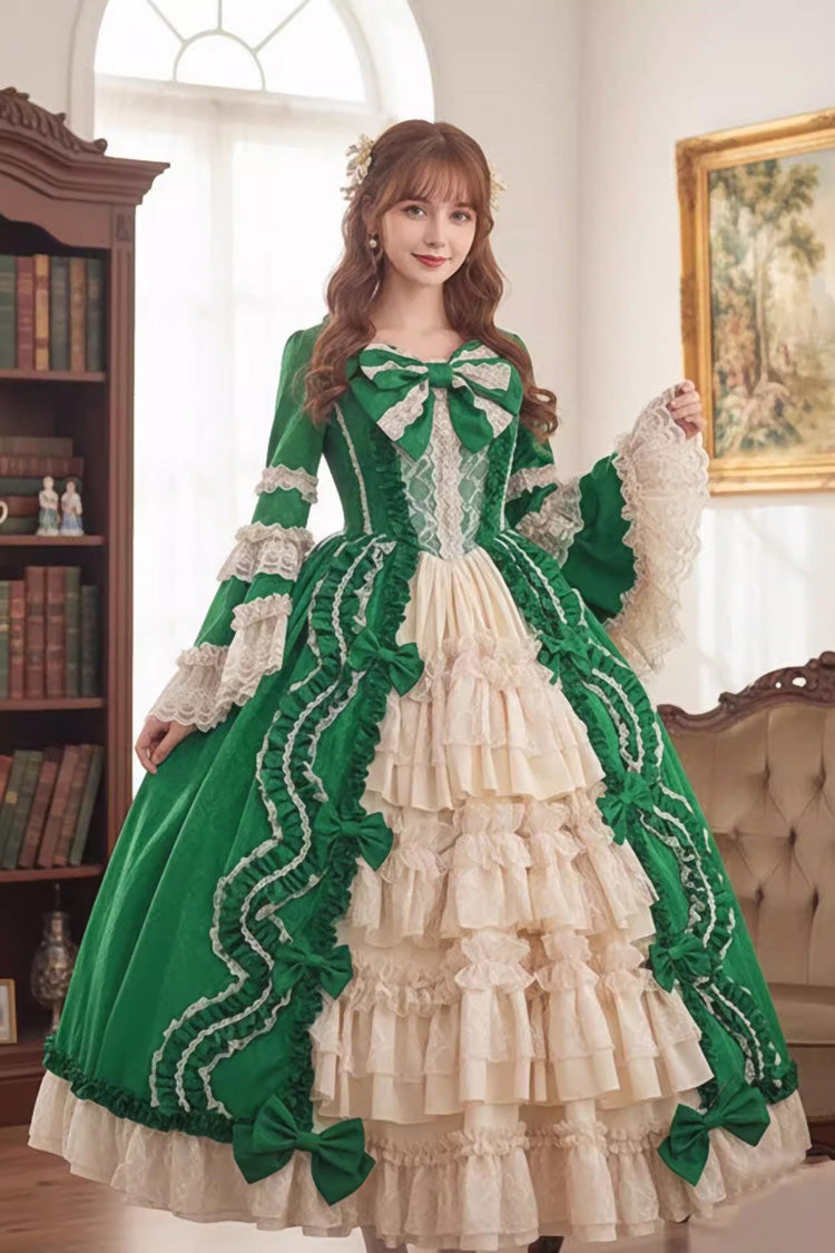 Sweet Long Sleeves Multi-Layered Ruffled Open-Front Bow Lace Princess Lolita Victorian Dress 5 Colors