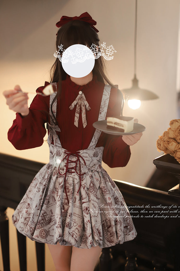 Grey Elise Print Ruffle Lace-Up Sweet Lolita Skirt