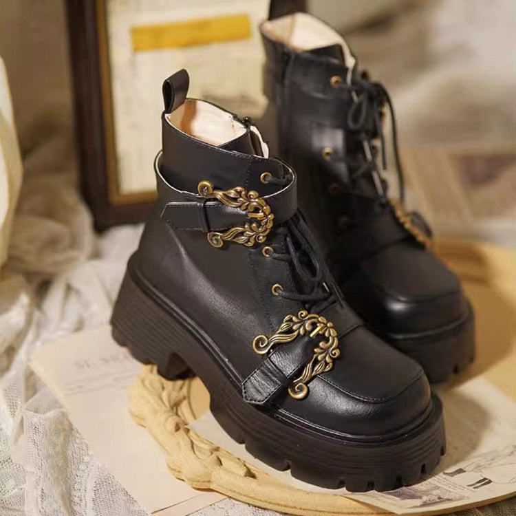 Vintage Accordion Knight Bowknot Chinese College Style Lolita Ankle Boots 2 Colors
