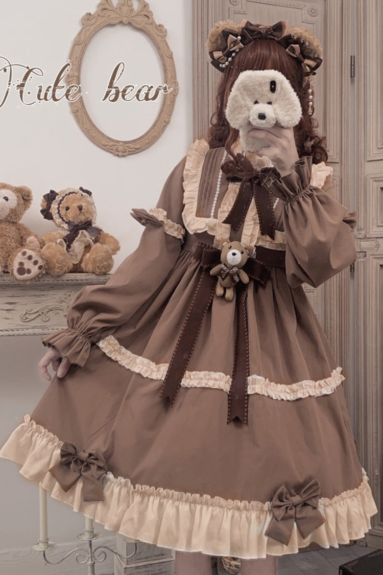 Brown Caramel Teddy Bear Round Collar Long Sleeve Stitching Bowknot Ruffled Sweet Lolita OP Dress