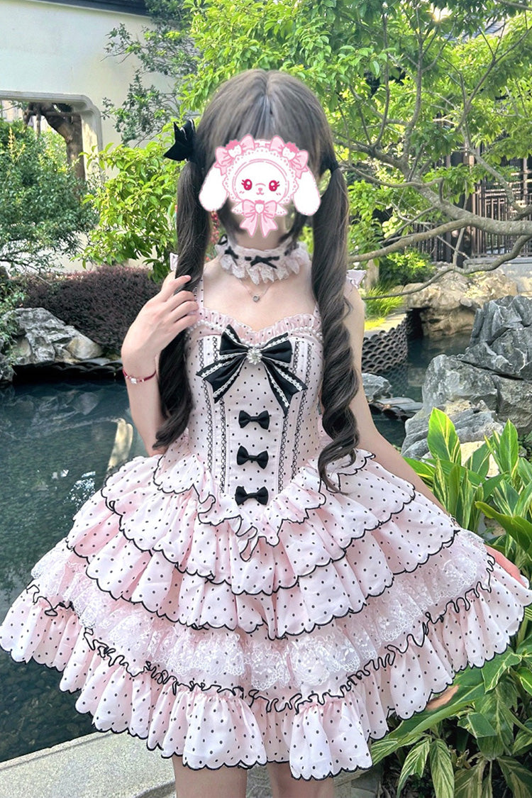Pink Sleeveless Multi-Layered Polka Dots Printed Ruffled Bow Sweet Princess Lolita Jsk Dress
