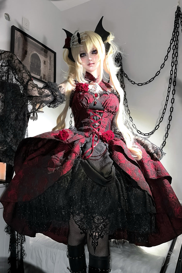 Red Rose Dish Ruffle Embroidery Cardigan Bowknot Lace-Up Gothic Lolita Jsk Dress