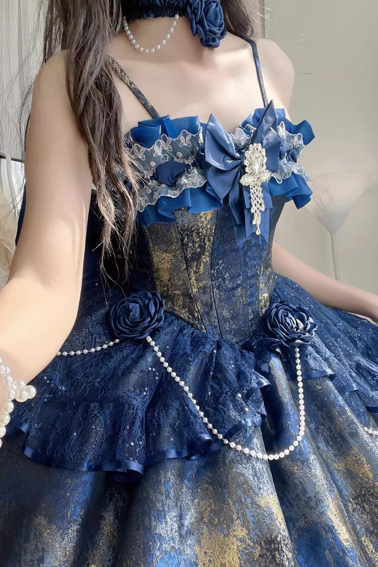 Cosmic Shimmer Halterneck Oil Printed Ruffled Bow Lace Pearl-Decorated Sweet Princess Lolita Short Jsk Dress 2 Colors