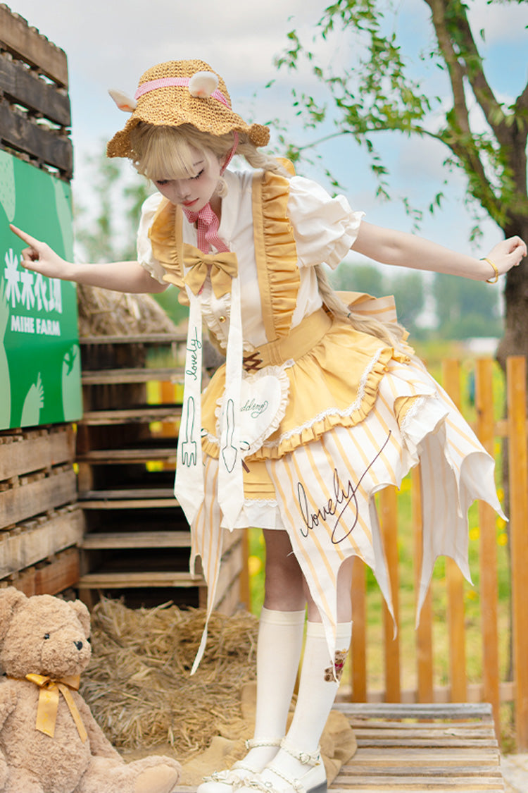 Fruit Pudding Vertical Lines Print Bowknot Irregular Sweet Lolita Dress 2 Colors