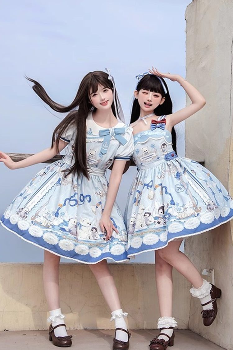 Blue Penguin Navy Short Sleeves Print Ruffle Bowknot Sweet Princess Lolita Dress