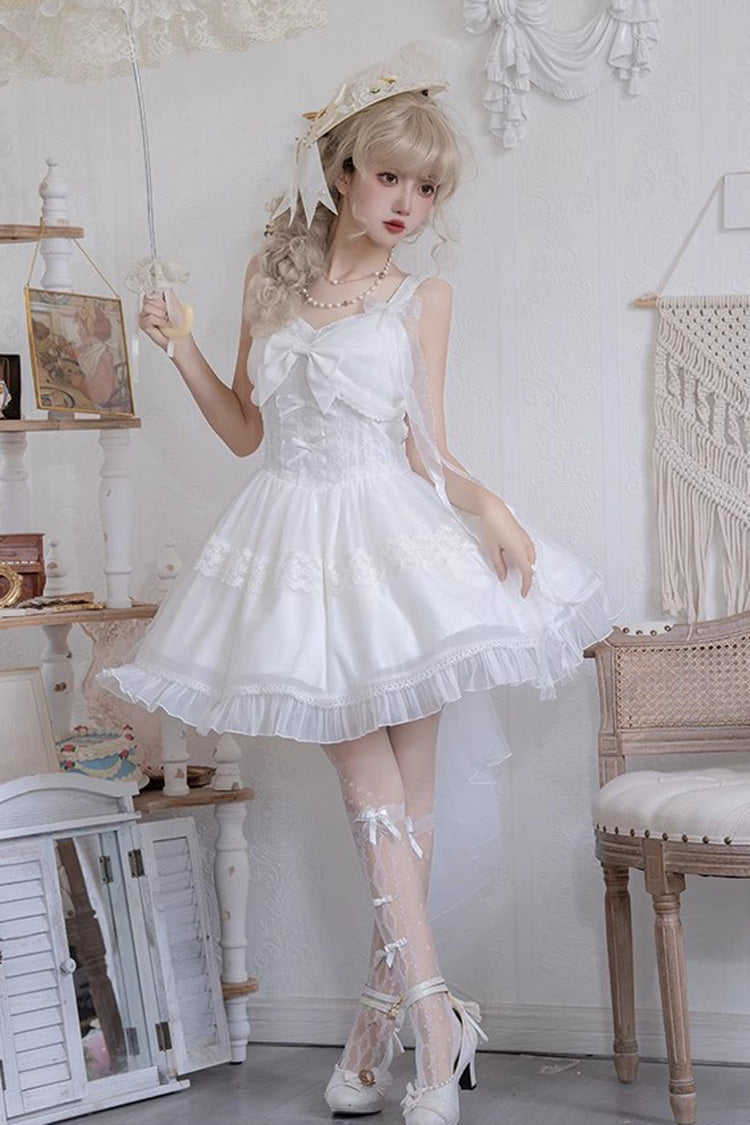 White Bright Moonlight Sleeveless Ruffle Bowknot Lace Lace-Up Sweet Elegant Lolita Jsk Dress