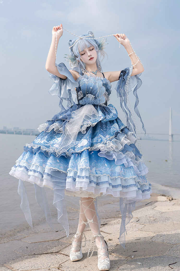 Blue Jellyfish Gradient Print Ruffle Embroidery Bowknot Lace Asymmetric Sweet Elegant Lolita Jsk Dress